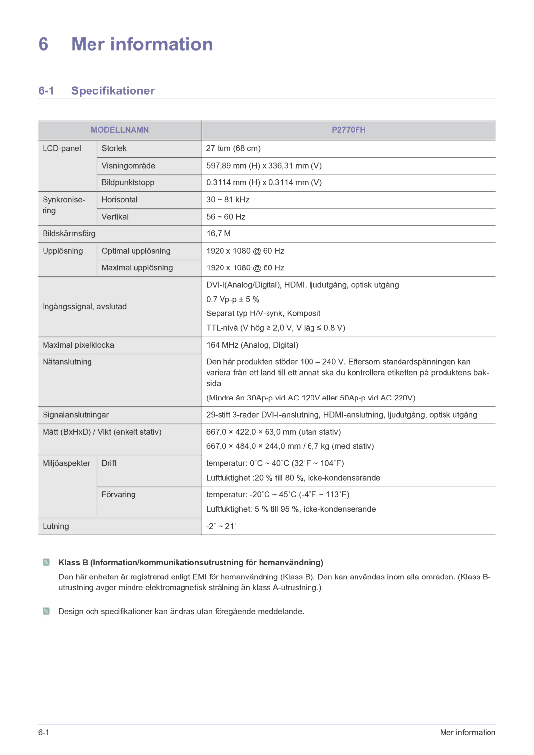 Samsung LS27EFHKUF/EN manual Mer information, Specifikationer, Modellnamn 