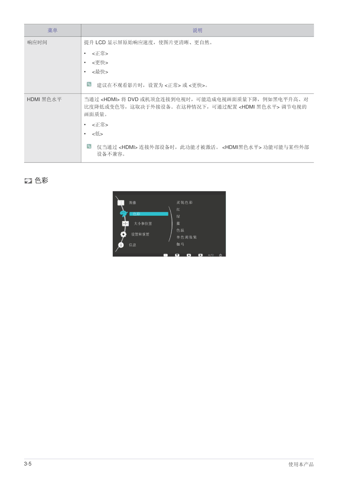 Samsung LS27EFHKUF/EN manual 响应时间 提升 Lcd 显示屏原始响应速度，使图片更清晰、更自然。 建议在不观看影片时，设置为 正常 或 更快。 