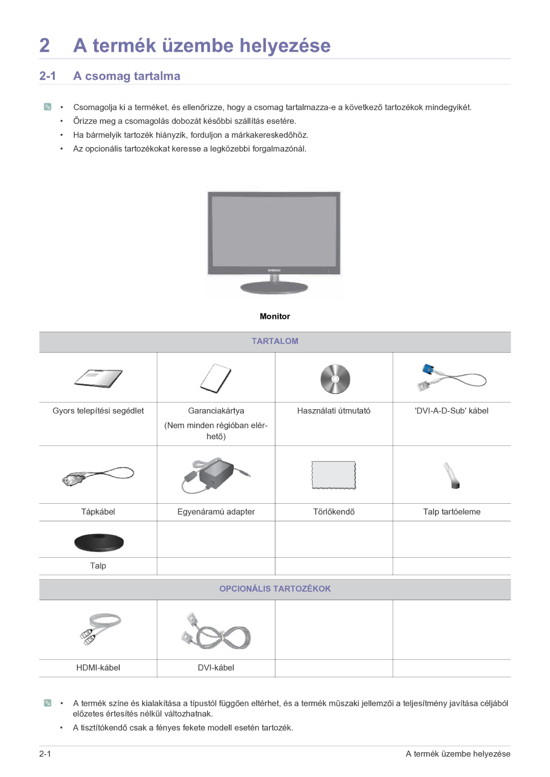 Samsung LS27EFHKUF/EN manual Termék üzembe helyezése, Csomag tartalma, Tartalom, Opcionális Tartozékok 