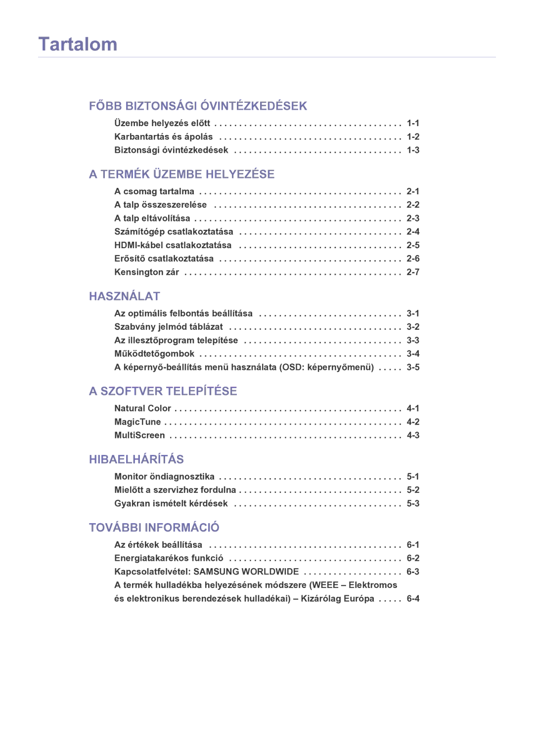 Samsung LS27EFHKUF/EN manual Tartalom, Termék Üzembe Helyezése 