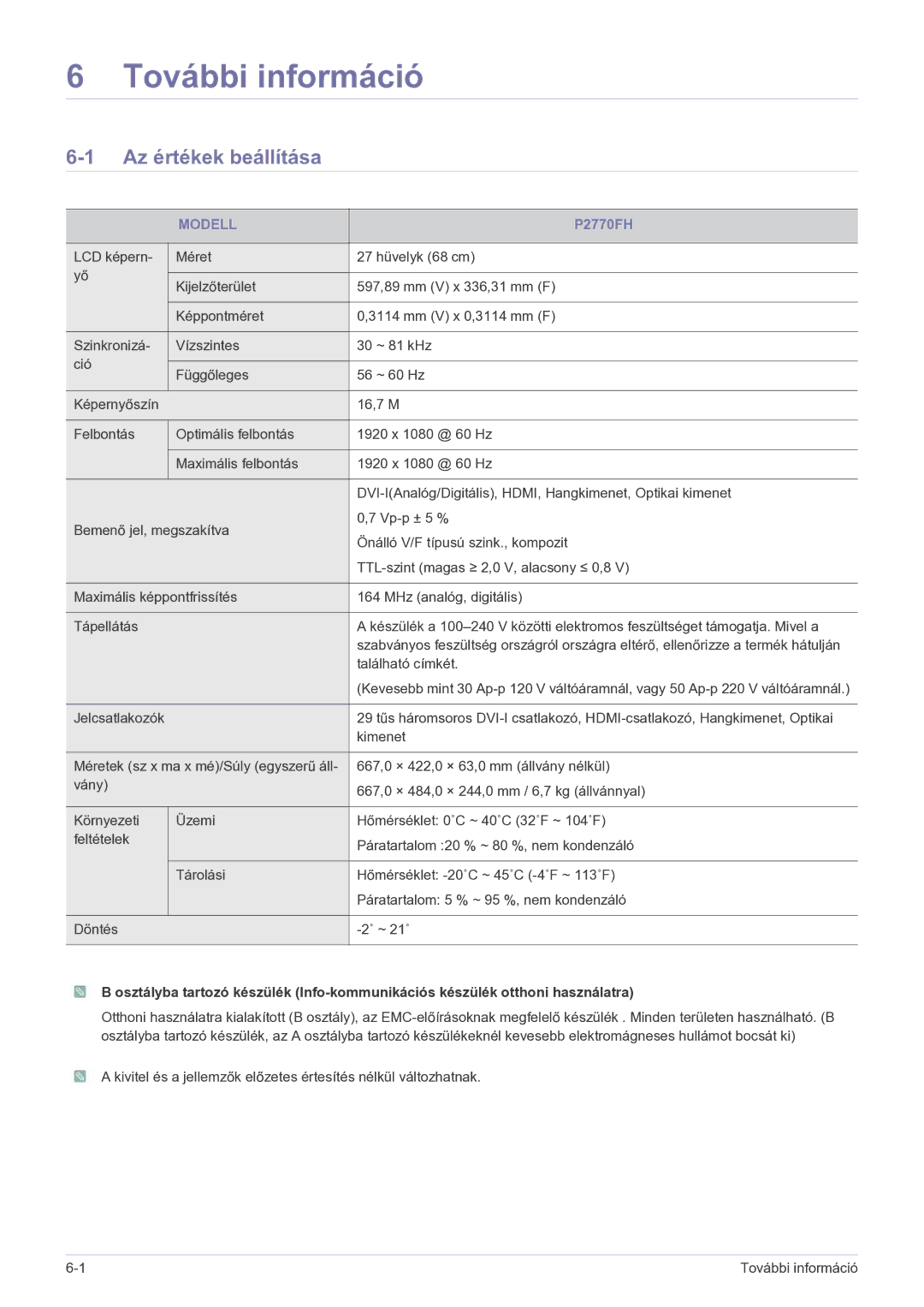 Samsung LS27EFHKUF/EN manual További információ, Az értékek beállítása, Modell 