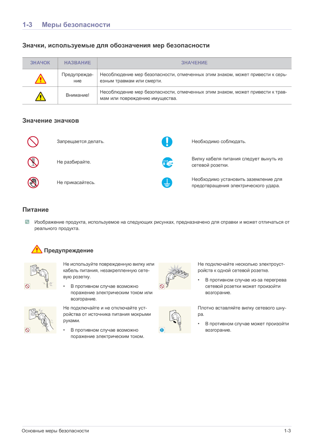 Samsung LS27EFHKUF/EN Меры безопасности, Значки, используемые для обозначения мер безопасности, Значение значков, Питание 