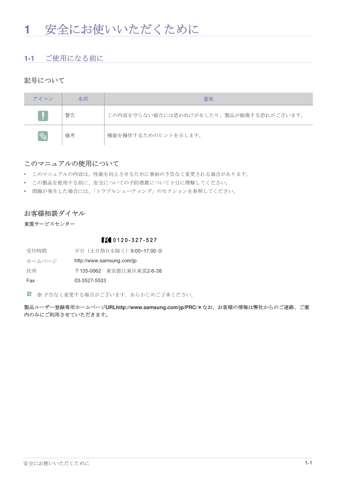 Samsung LS27EFHKUF/XJ manual 安全にお使いいただくために, 1ご使用になる前に, 記号について, このマニュアルの使用について, お客様相談ダイヤル 