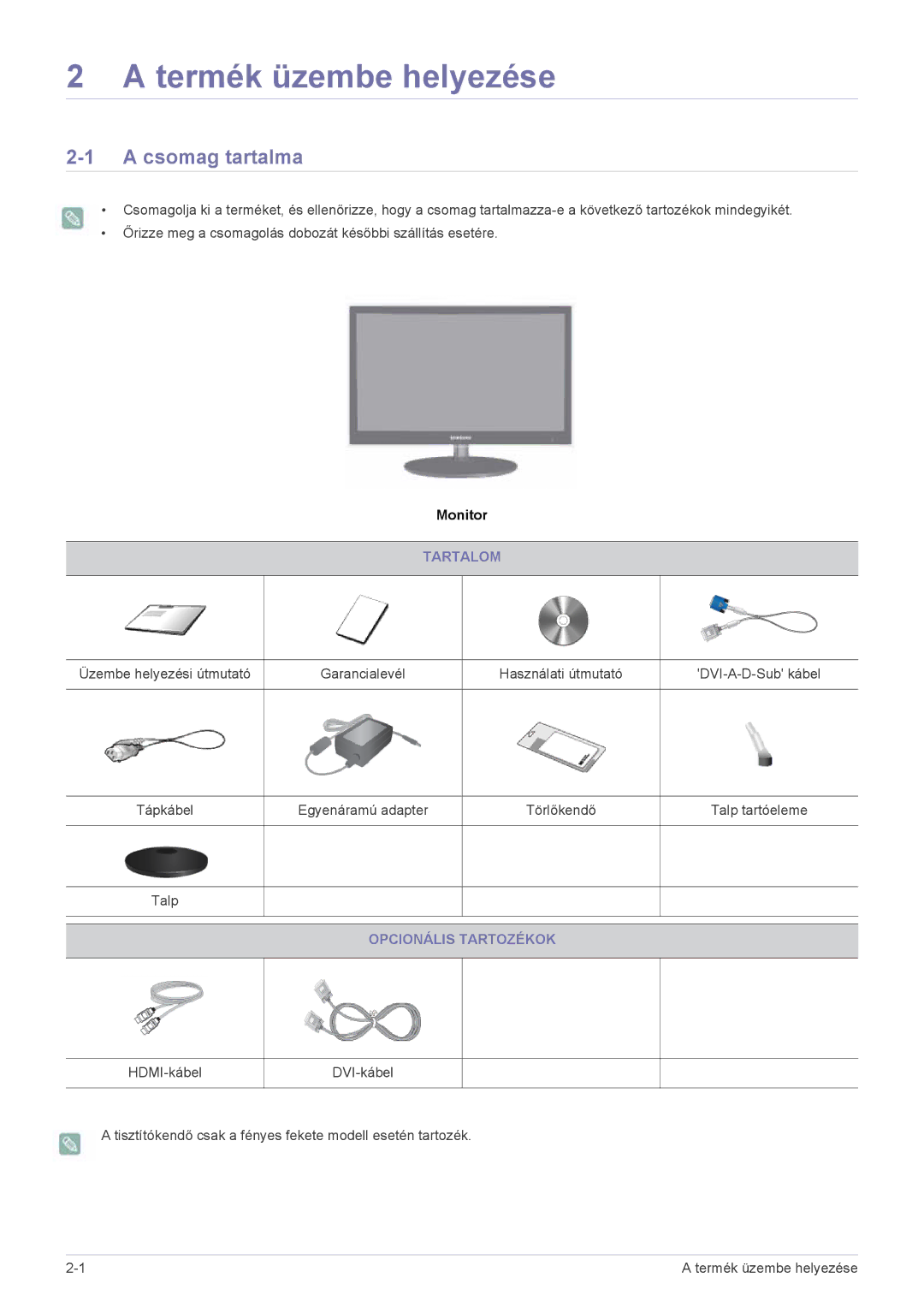 Samsung LS27EFHKUV/EN, LS27EFHKUV/ZA manual Termék üzembe helyezése, Csomag tartalma, Tartalom, Opcionális Tartozékok 