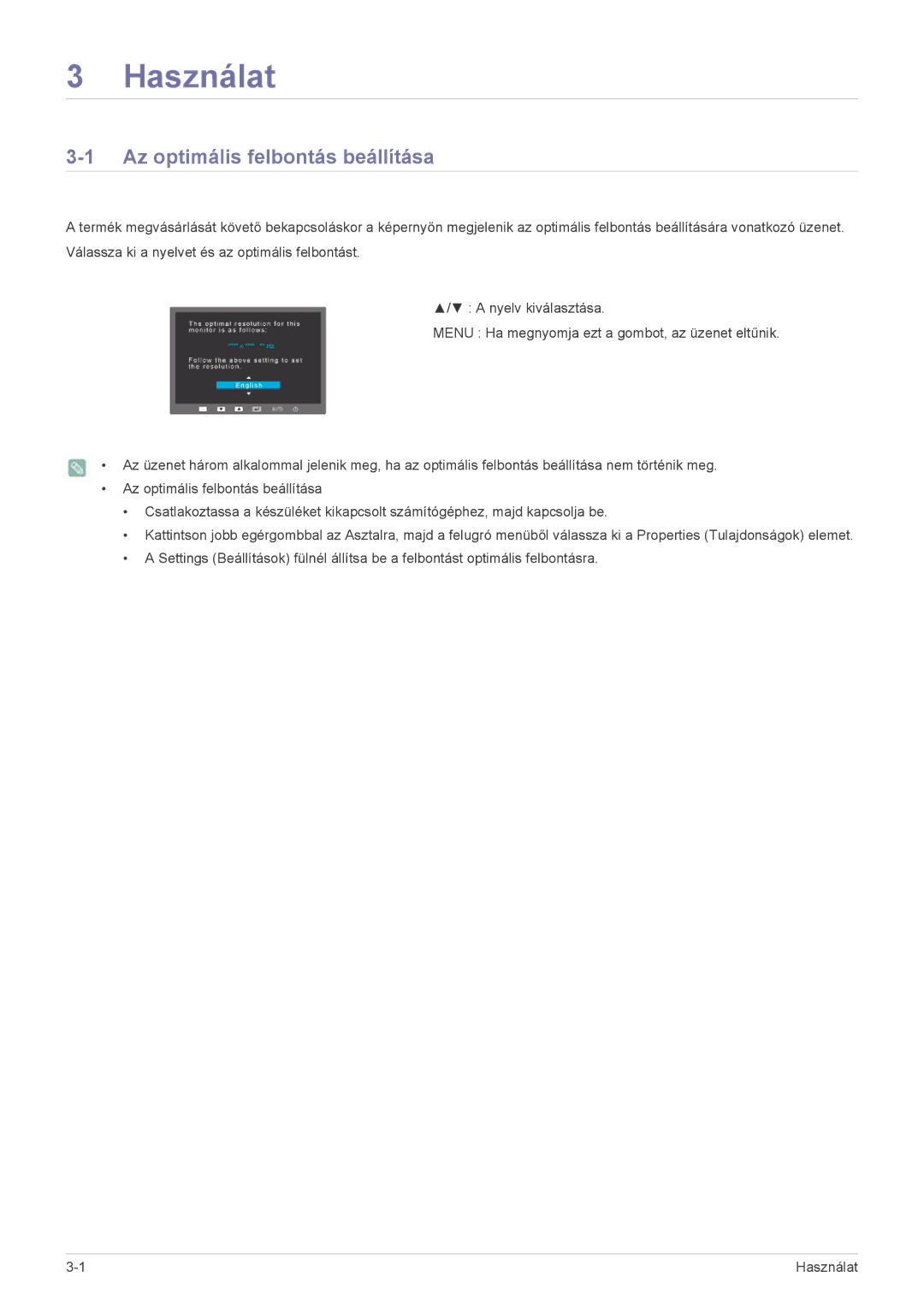 Samsung LS27EFHKUV/EN, LS27EFHKUV/ZA manual Használat, Az optimális felbontás beállítása 