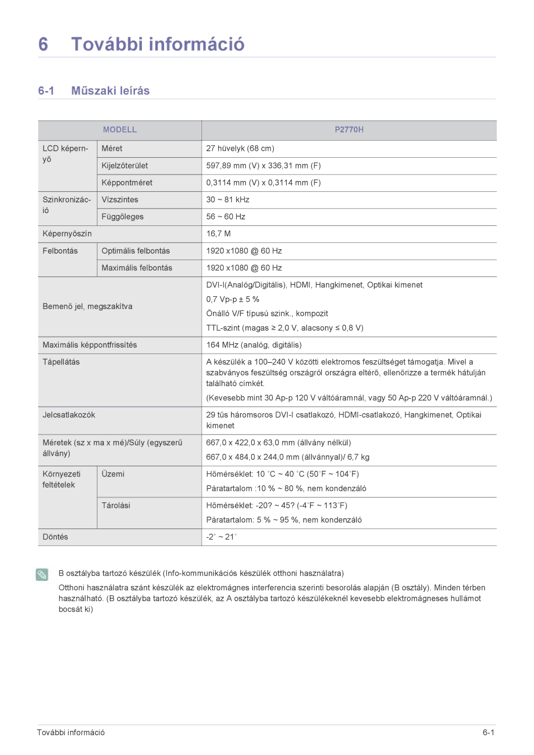 Samsung LS27EFHKUV/ZA, LS27EFHKUV/EN manual További információ, Műszaki leírás, Modell 