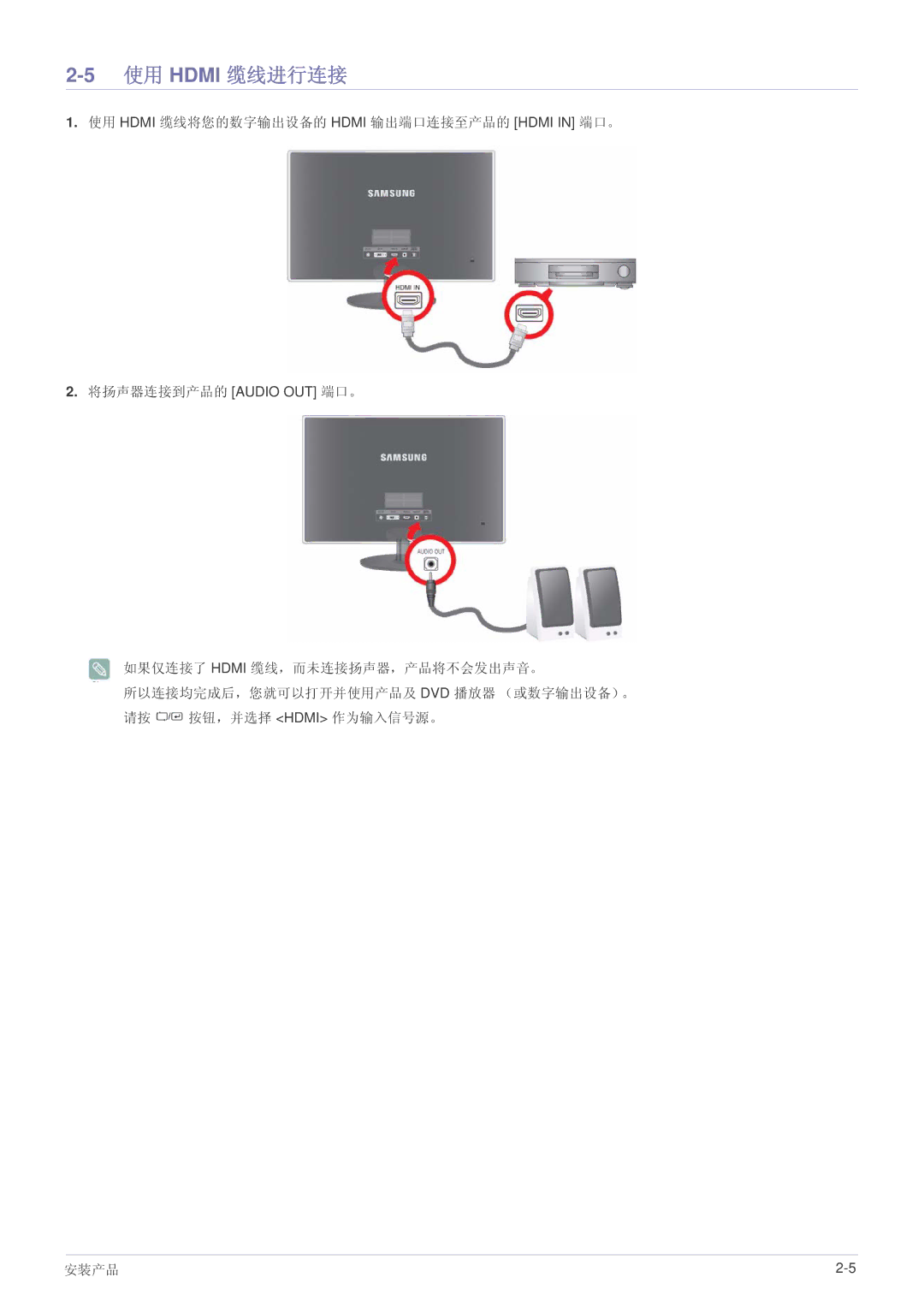 Samsung LS27EFHKUV/ZA, LS27EFHKUV/EN manual 使用 Hdmi 缆线进行连接 