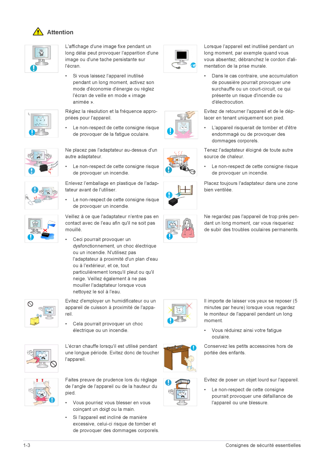 Samsung LS27EFHKUV/EN manual Consignes de sécurité essentielles 