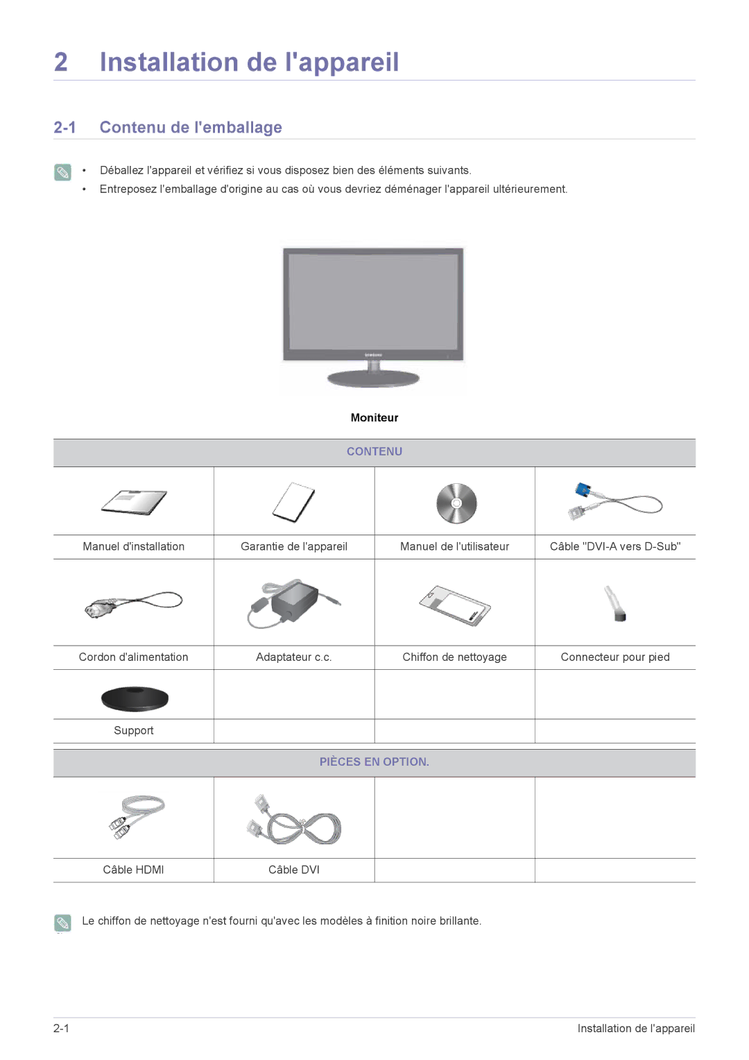 Samsung LS27EFHKUV/EN manual Installation de lappareil, Contenu de lemballage, Adaptateur c.c, Pièces EN Option 