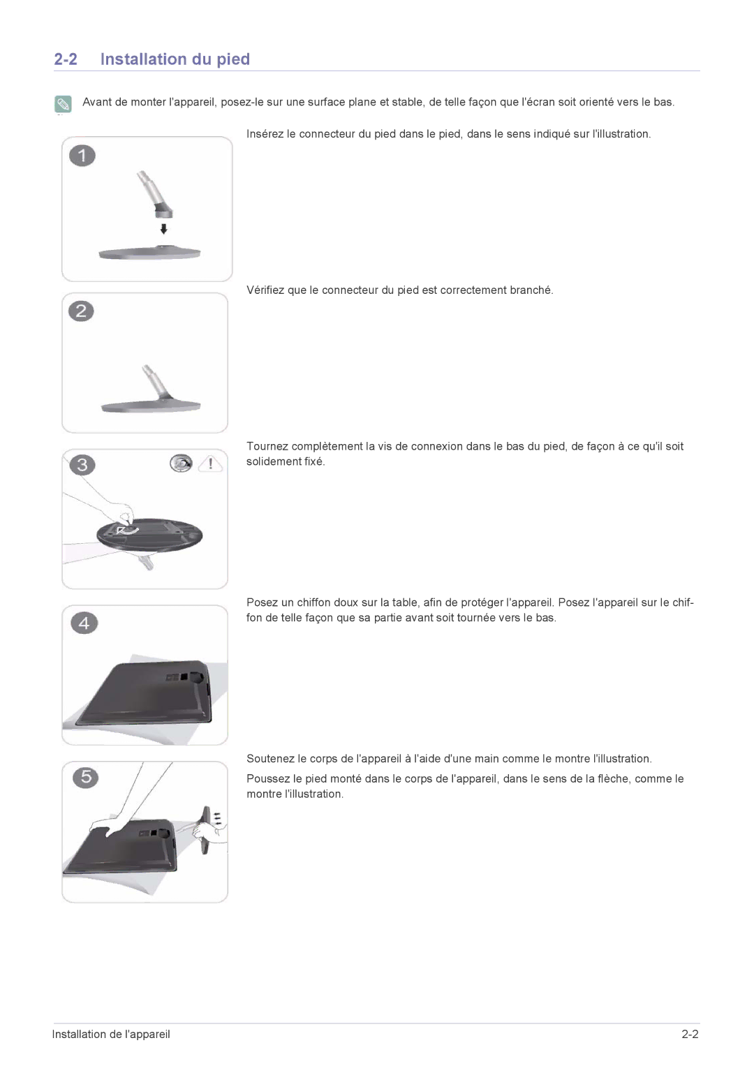 Samsung LS27EFHKUV/EN manual Installation du pied 