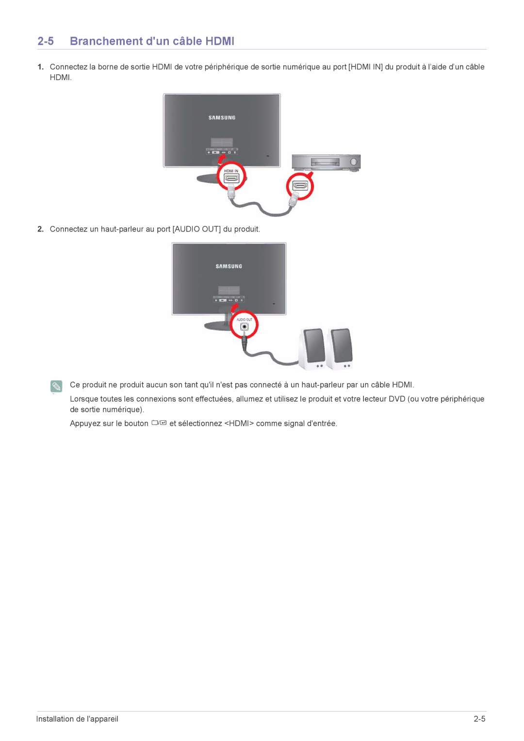 Samsung LS27EFHKUV/EN manual Branchement dun câble Hdmi 