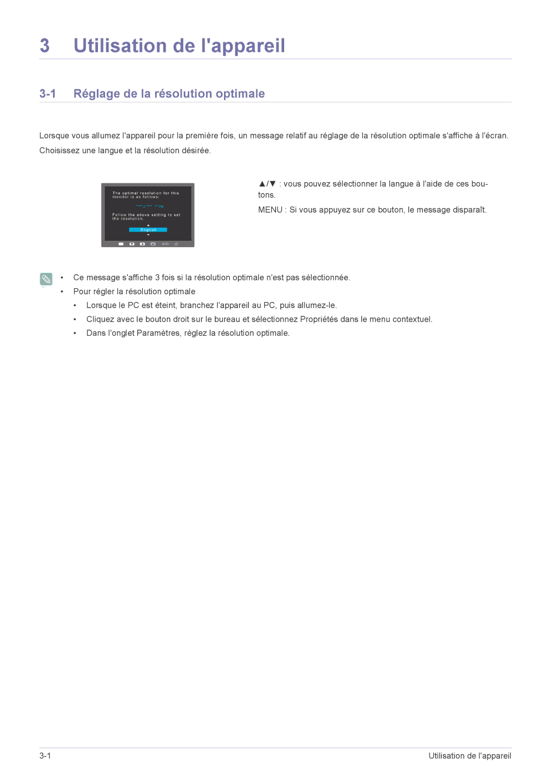 Samsung LS27EFHKUV/EN manual Utilisation de lappareil, Réglage de la résolution optimale 