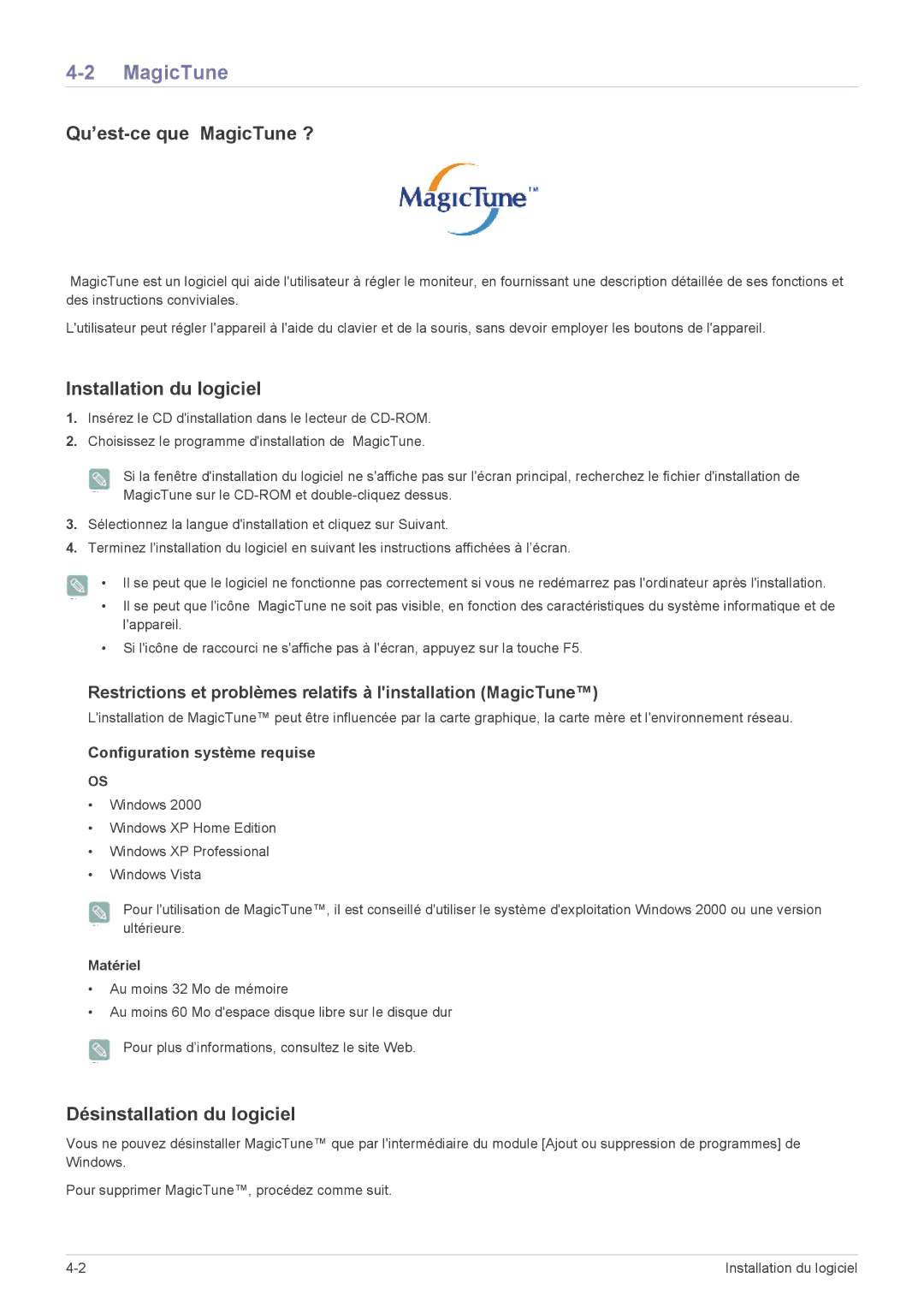 Samsung LS27EFHKUV/EN manual Qu’est-ce que MagicTune ?, Installation du logiciel, Désinstallation du logiciel, Matériel 