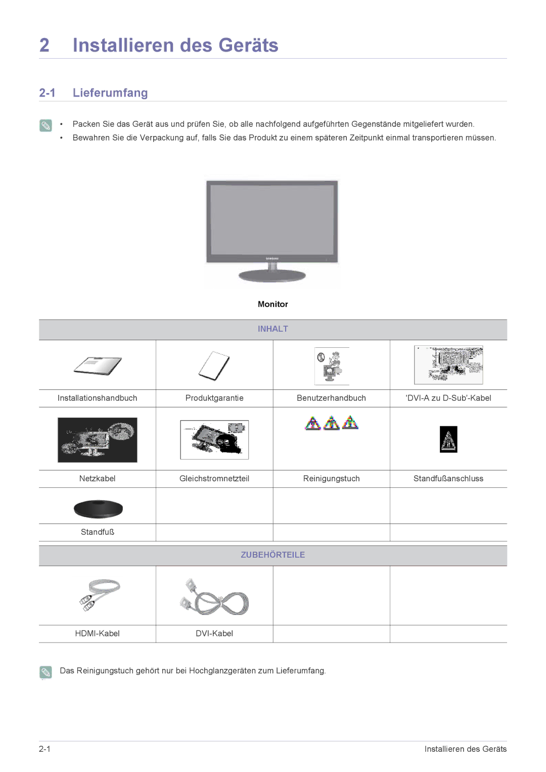 Samsung LS27EFHKUV/EN manual Installieren des Geräts, Lieferumfang, Inhalt, Zubehörteile 