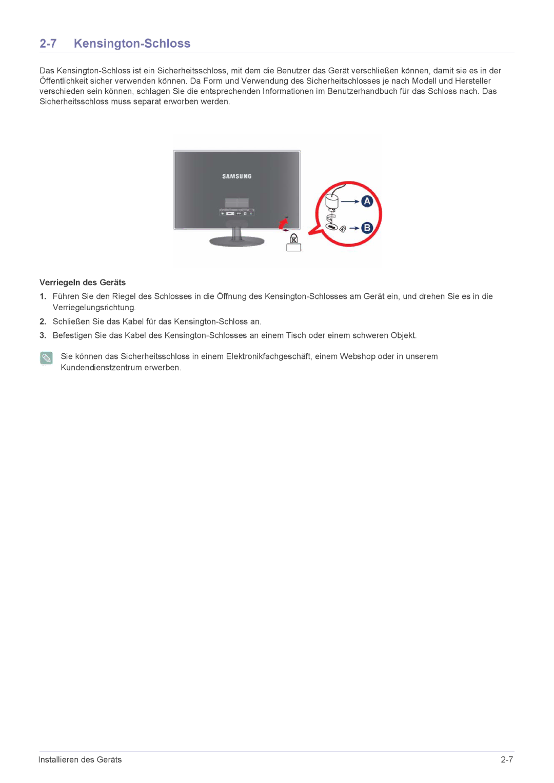 Samsung LS27EFHKUV/EN manual Kensington-Schloss, Verriegeln des Geräts 
