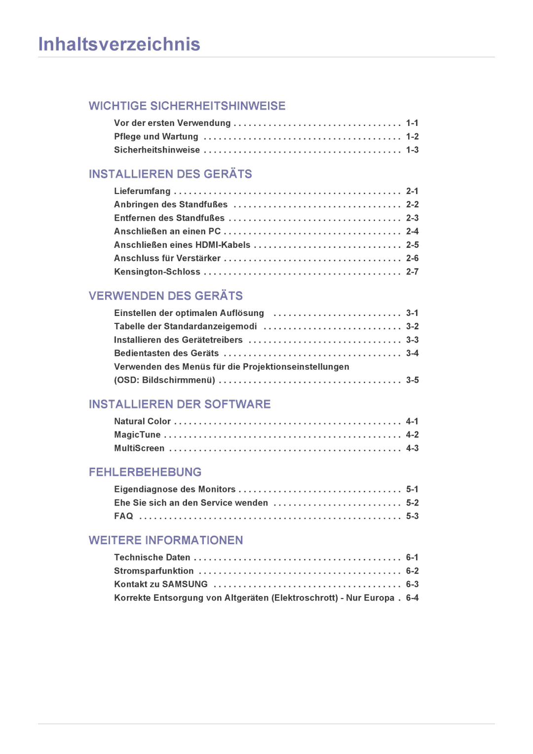 Samsung LS27EFHKUV/EN manual Inhaltsverzeichnis, OSD Bildschirmmenü 