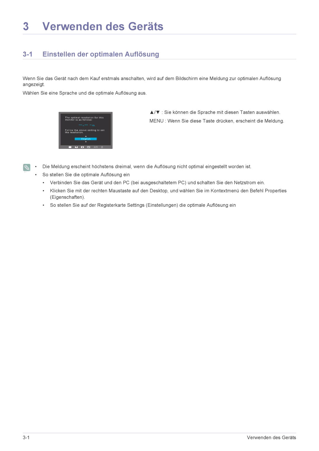 Samsung LS27EFHKUV/EN manual Verwenden des Geräts, Einstellen der optimalen Auflösung 