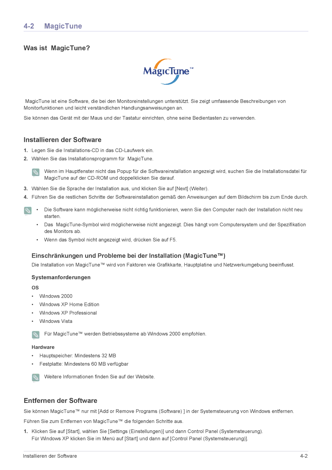 Samsung LS27EFHKUV/EN manual Was ist MagicTune?, Installieren der Software, Entfernen der Software, Hardware 