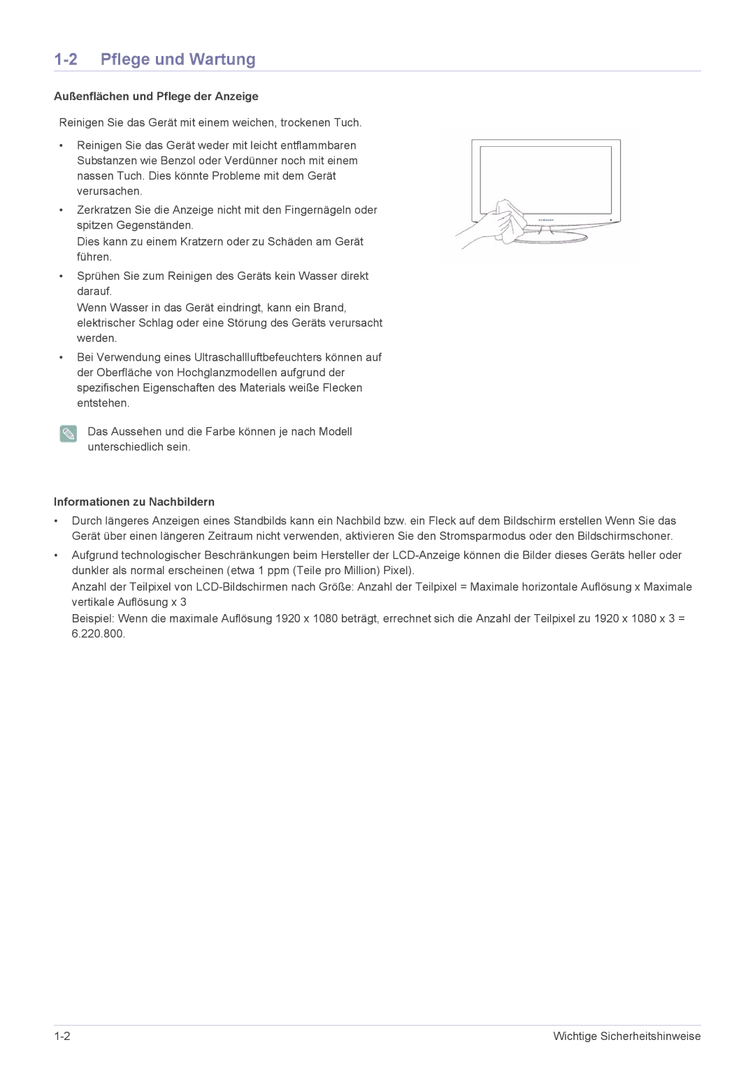 Samsung LS27EFHKUV/EN manual Pflege und Wartung, Außenflächen und Pflege der Anzeige, Informationen zu Nachbildern 