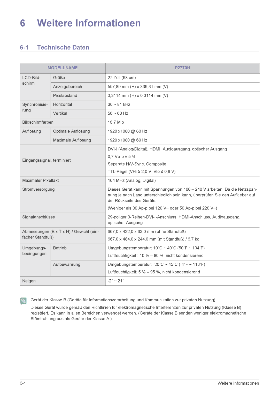 Samsung LS27EFHKUV/EN manual Weitere Informationen, Technische Daten, Modellname 