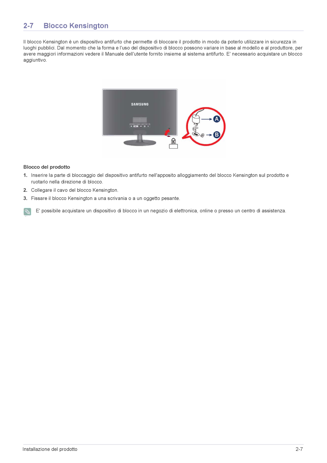 Samsung LS27EFHKUV/EN manual Blocco Kensington, Blocco del prodotto 
