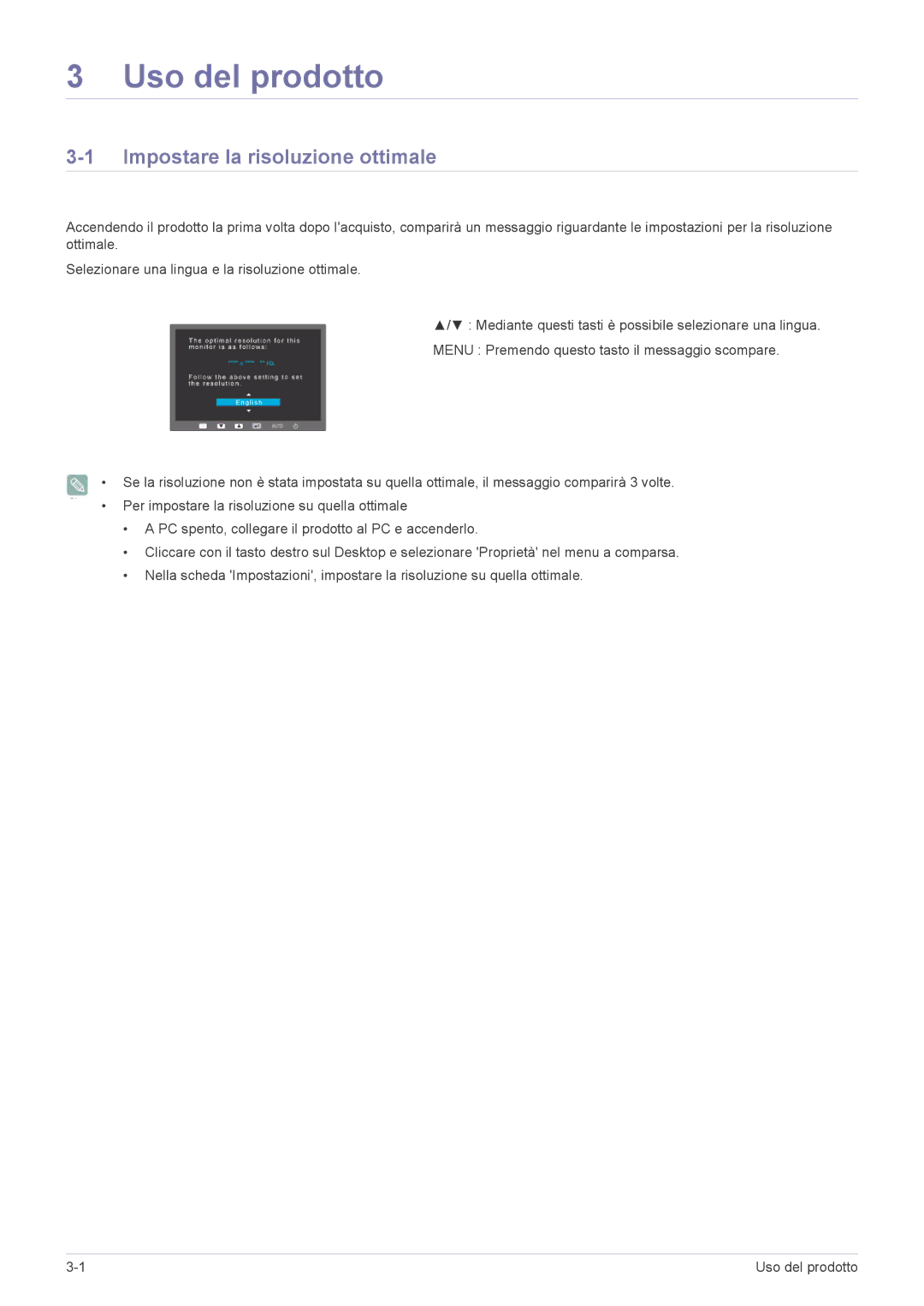 Samsung LS27EFHKUV/EN manual Uso del prodotto, Impostare la risoluzione ottimale 