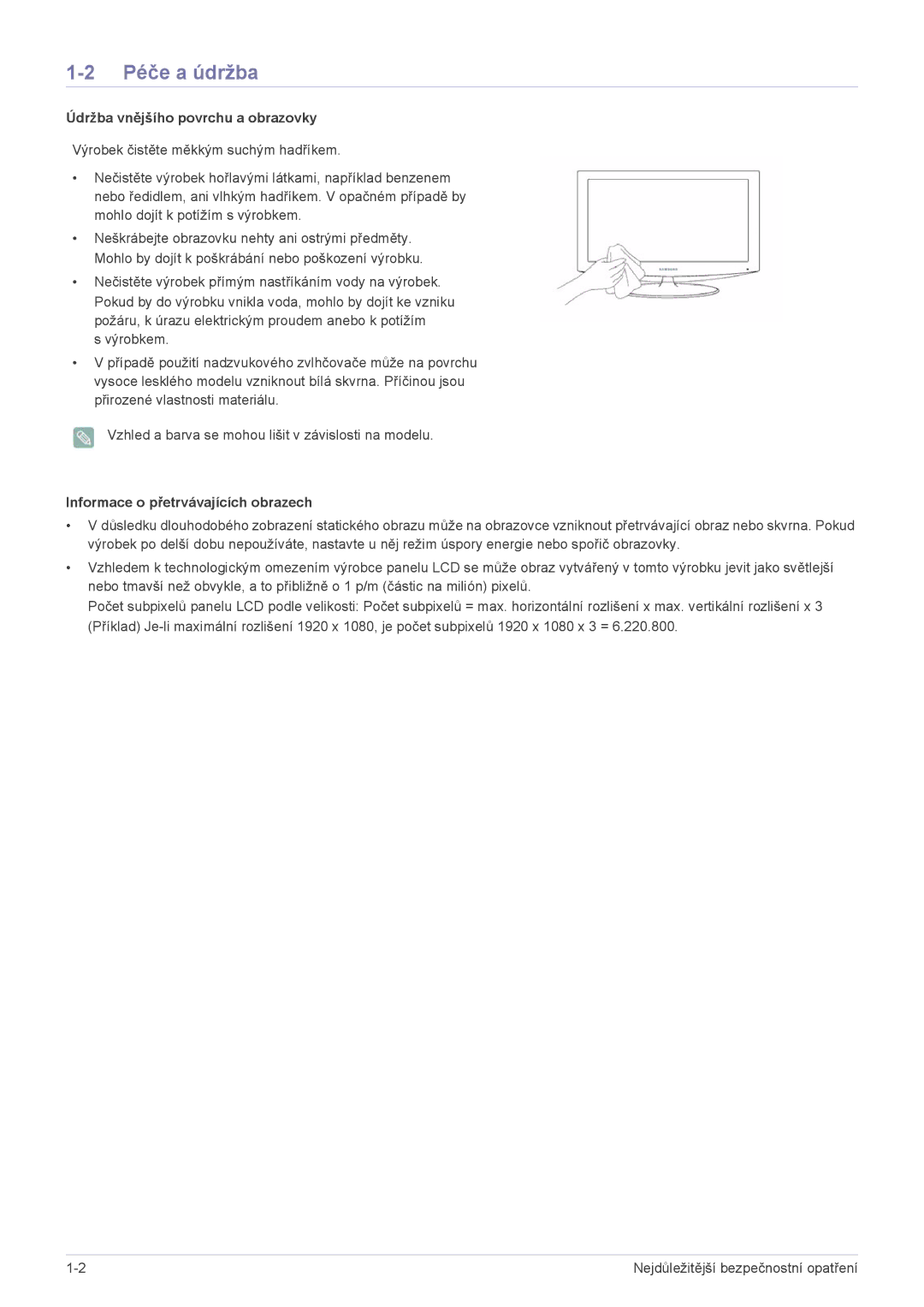 Samsung LS27EFHKUV/EN manual Péče a údržba, Údržba vnějšího povrchu a obrazovky, Informace o přetrvávajících obrazech 