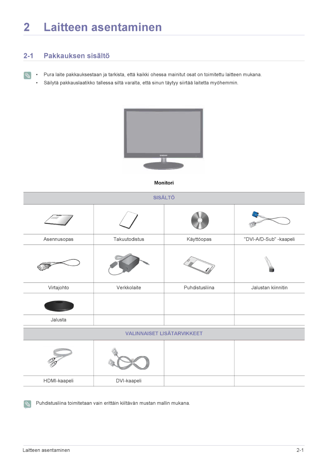 Samsung LS27EFHKUV/EN manual Laitteen asentaminen, Pakkauksen sisältö, Sisältö, Valinnaiset Lisätarvikkeet 