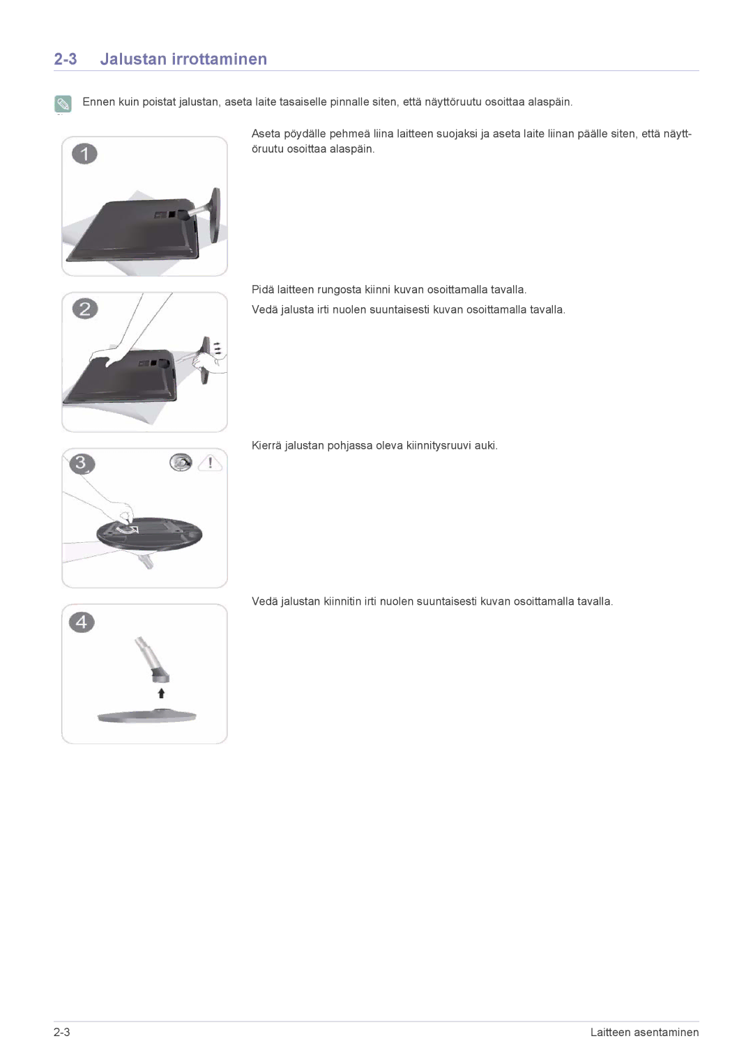 Samsung LS27EFHKUV/EN manual Jalustan irrottaminen 