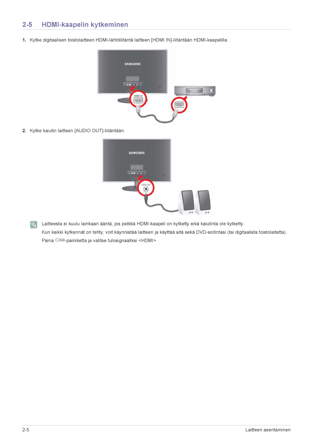 Samsung LS27EFHKUV/EN manual HDMI-kaapelin kytkeminen 