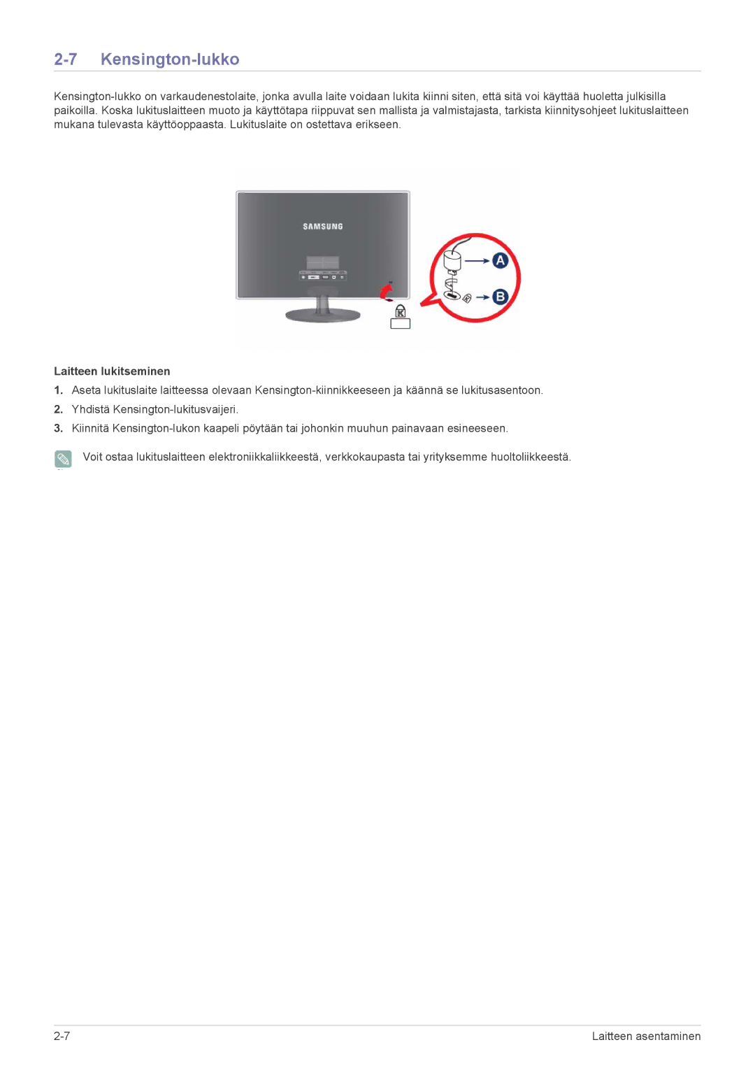 Samsung LS27EFHKUV/EN manual Kensington-lukko, Laitteen lukitseminen 