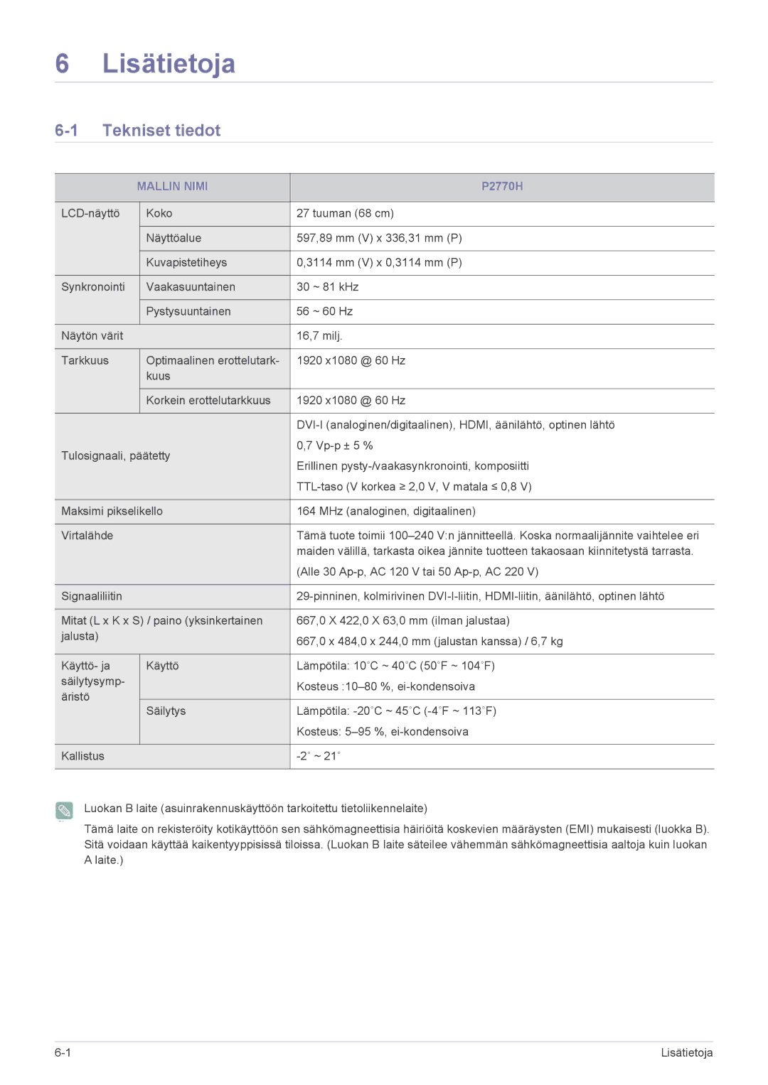 Samsung LS27EFHKUV/EN manual Lisätietoja, Tekniset tiedot, Mallin Nimi 