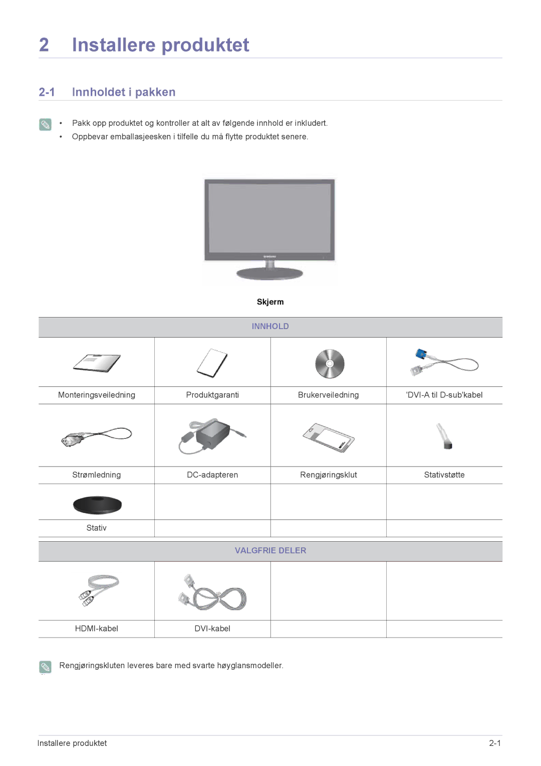 Samsung LS27EFHKUV/EN manual Installere produktet, Innholdet i pakken, Valgfrie Deler 