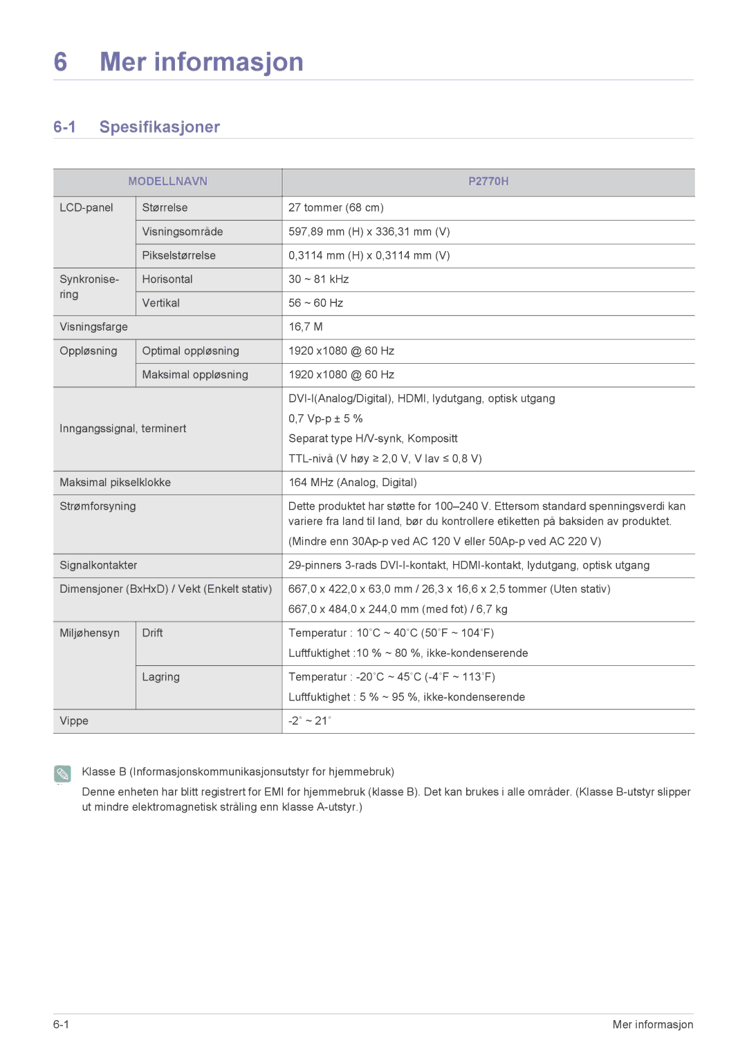 Samsung LS27EFHKUV/EN manual Mer informasjon, Spesifikasjoner, Modellnavn 