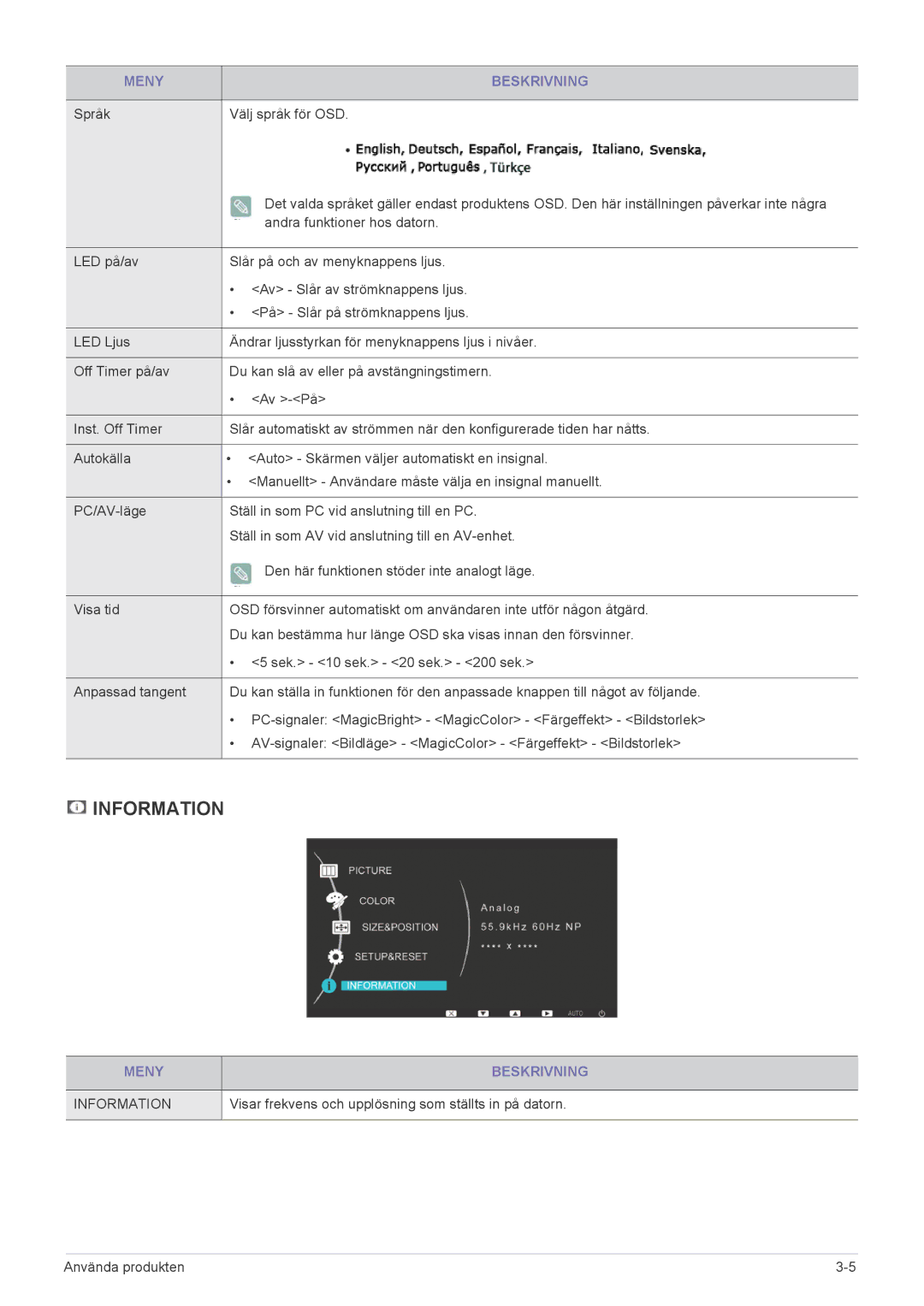 Samsung LS27EFHKUV/EN manual Språk Välj språk för OSD, Visar frekvens och upplösning som ställts in på datorn 