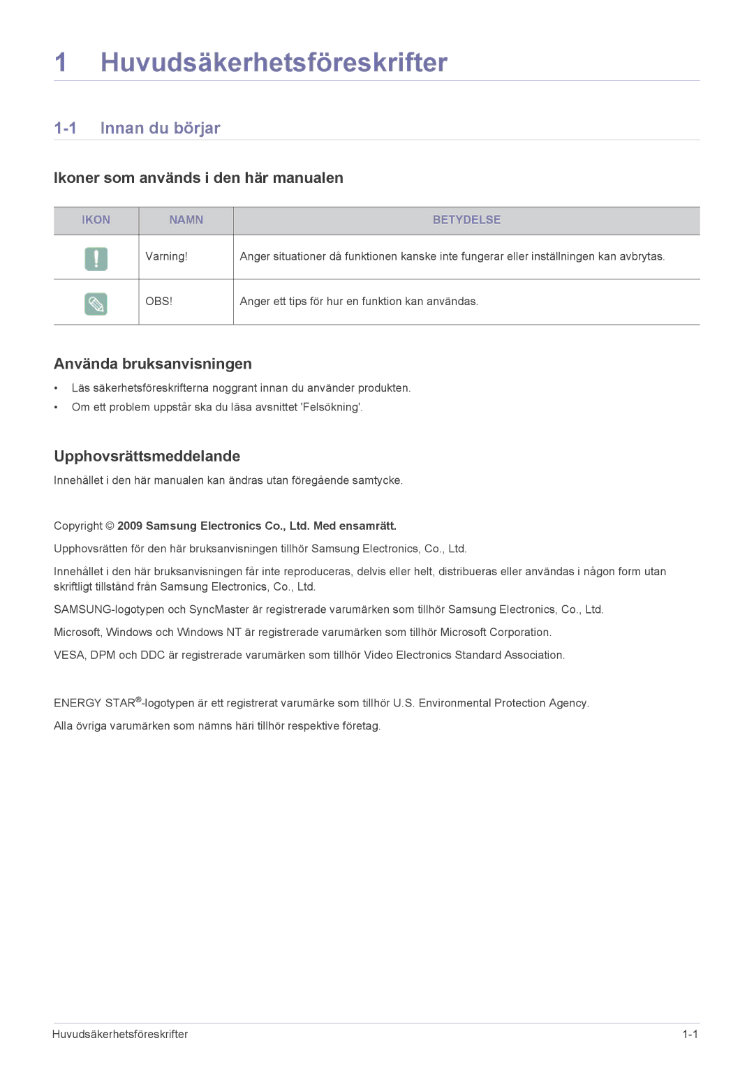 Samsung LS27EFHKUV/EN Huvudsäkerhetsföreskrifter, Innan du börjar, Ikoner som används i den här manualen 