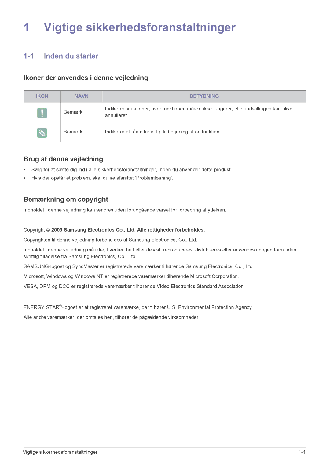 Samsung LS27EFHKUV/EN manual Vigtige sikkerhedsforanstaltninger, Inden du starter, Ikoner der anvendes i denne vejledning 