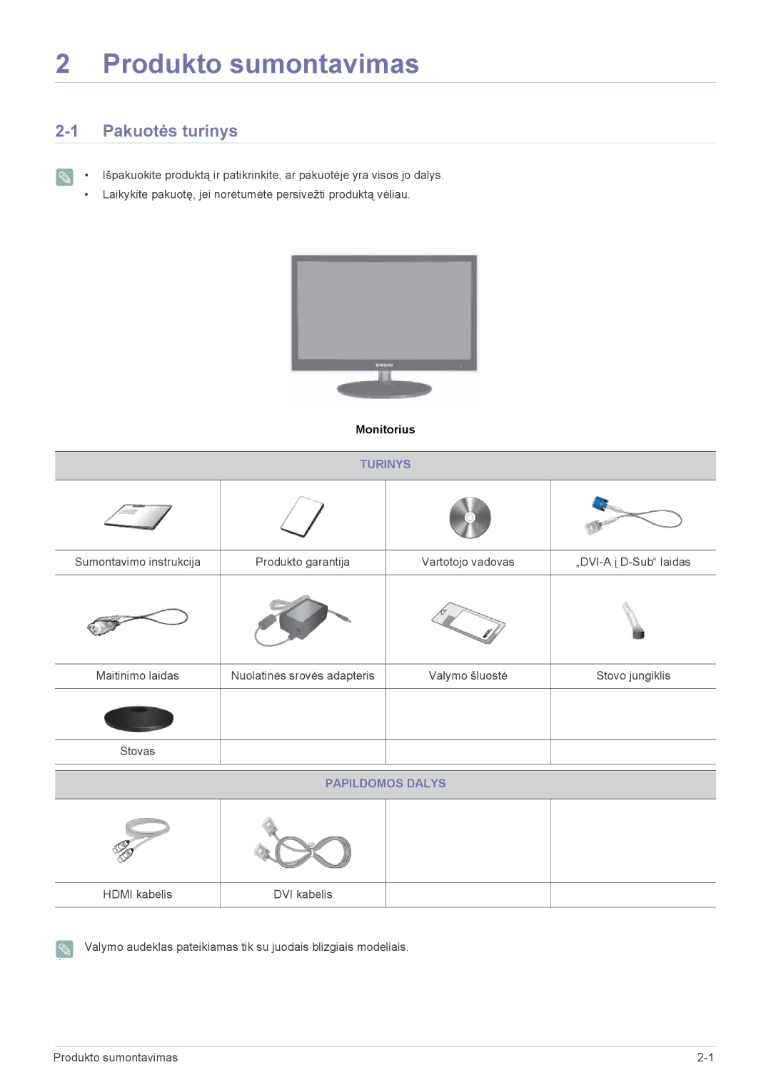 Samsung LS27EFHKUV/EN manual Produkto sumontavimas, Pakuotės turinys, Turinys, Papildomos Dalys 