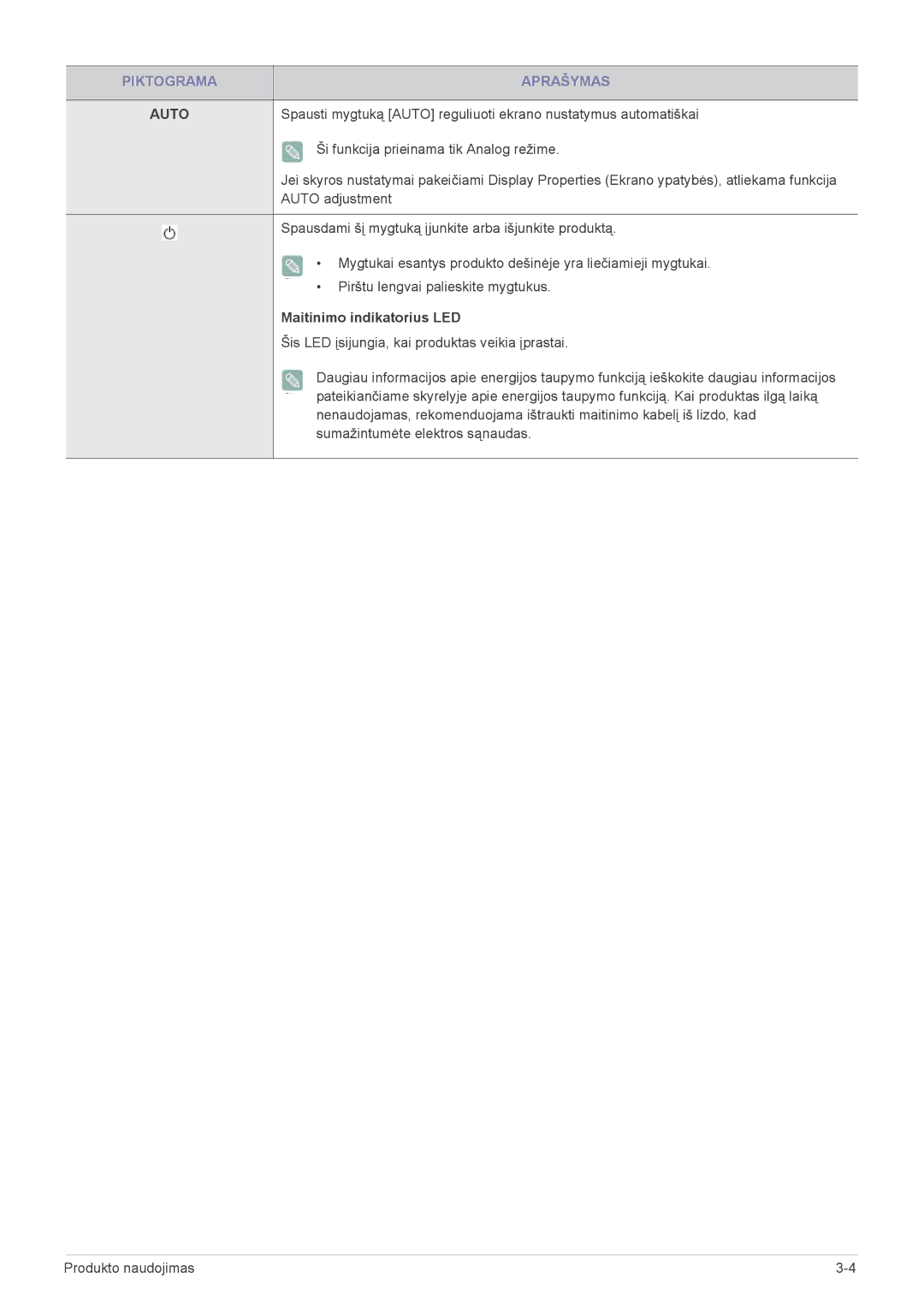 Samsung LS27EFHKUV/EN manual Auto, Maitinimo indikatorius LED 