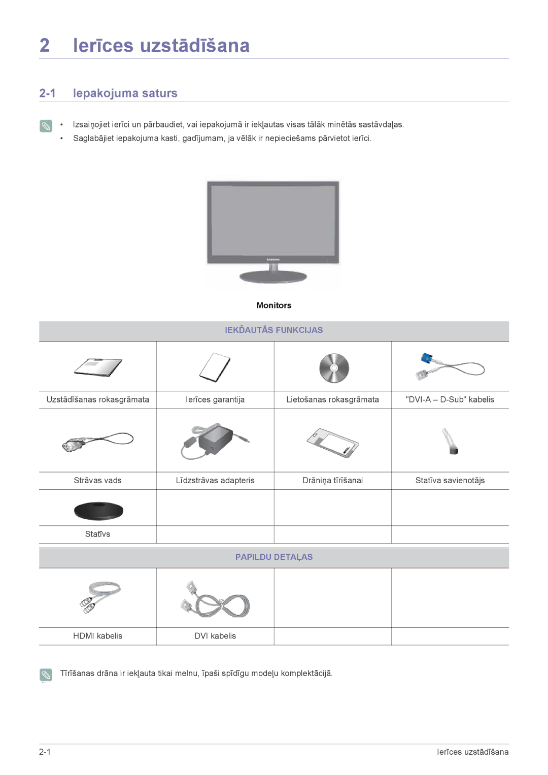 Samsung LS27EFHKUV/EN manual Ierīces uzstādīšana, Iepakojuma saturs, Iekďautās Funkcijas, Papildu Detaļas 