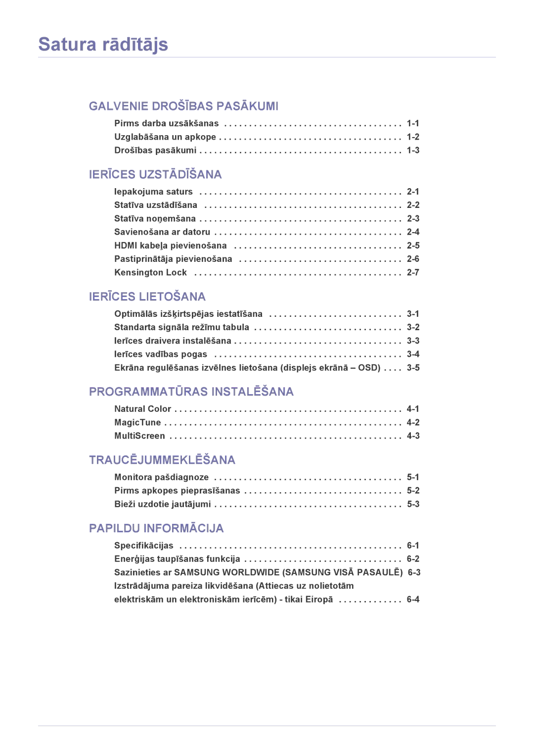 Samsung LS27EFHKUV/EN manual Satura rādītājs, Ierīces Uzstādīšana 