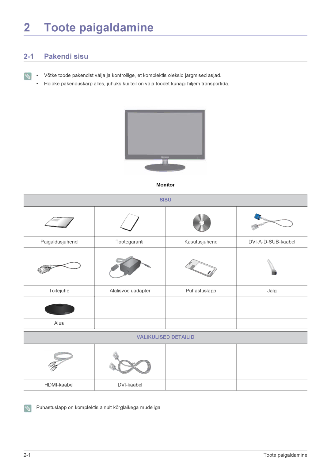 Samsung LS27EFHKUV/EN manual Toote paigaldamine, Pakendi sisu, Sisu, Valikulised Detailid 