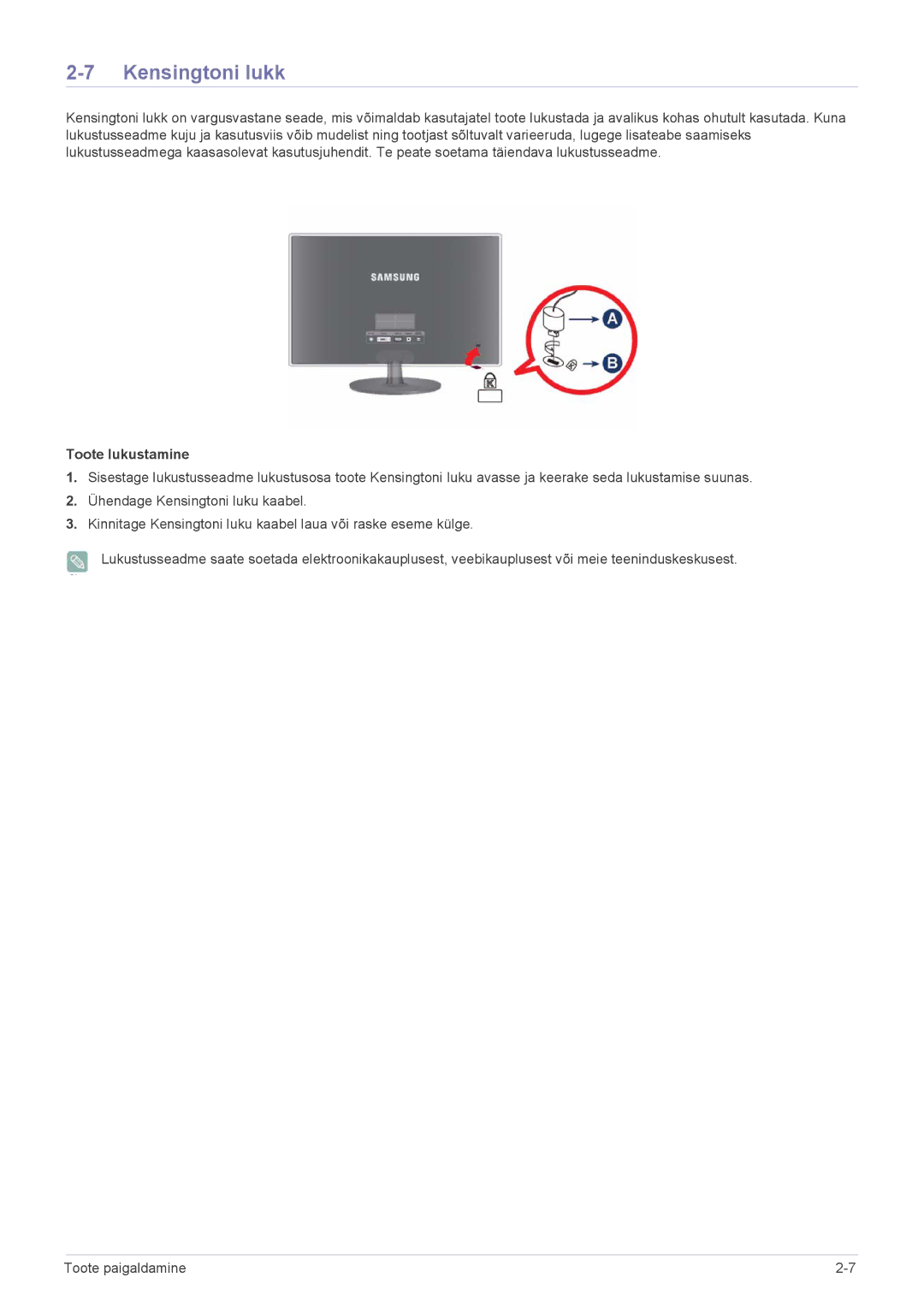 Samsung LS27EFHKUV/EN manual Kensingtoni lukk, Toote lukustamine 