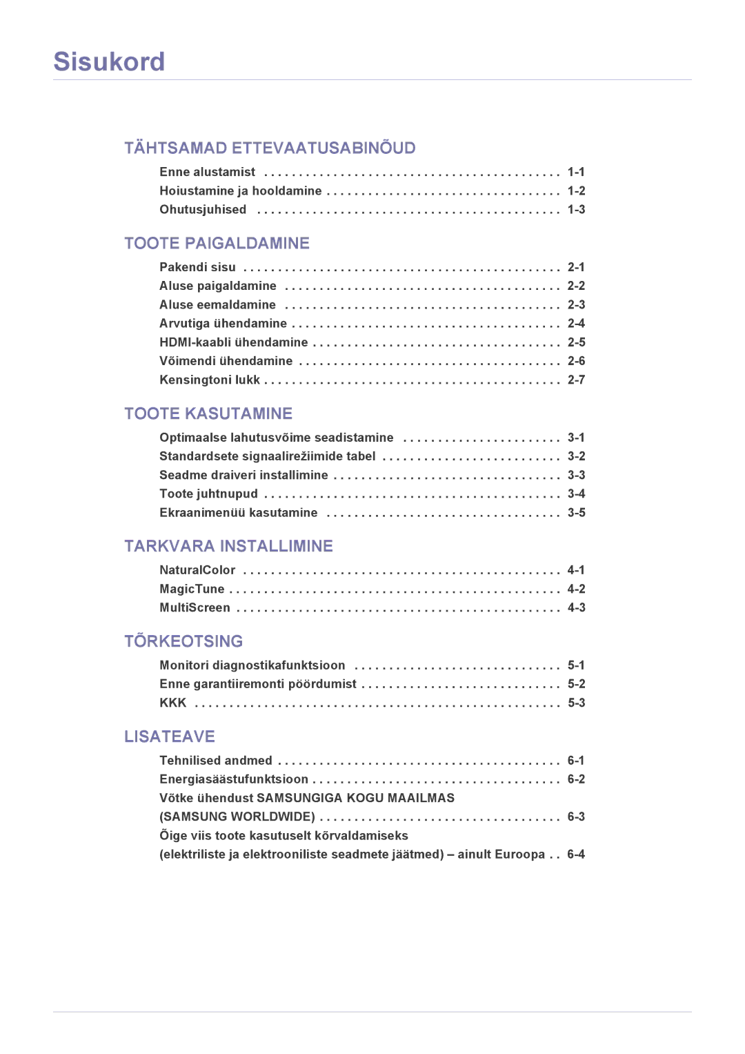 Samsung LS27EFHKUV/EN manual Sisukord, Toote Paigaldamine 