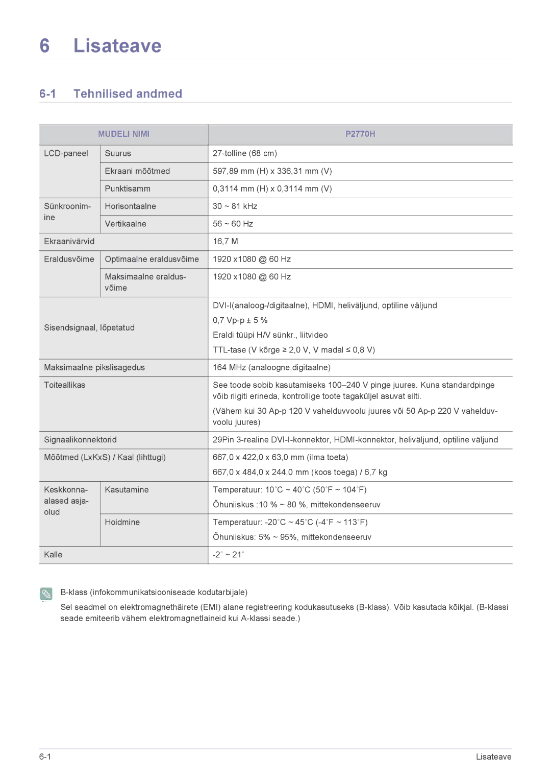 Samsung LS27EFHKUV/EN manual Lisateave, Tehnilised andmed, Mudeli Nimi 