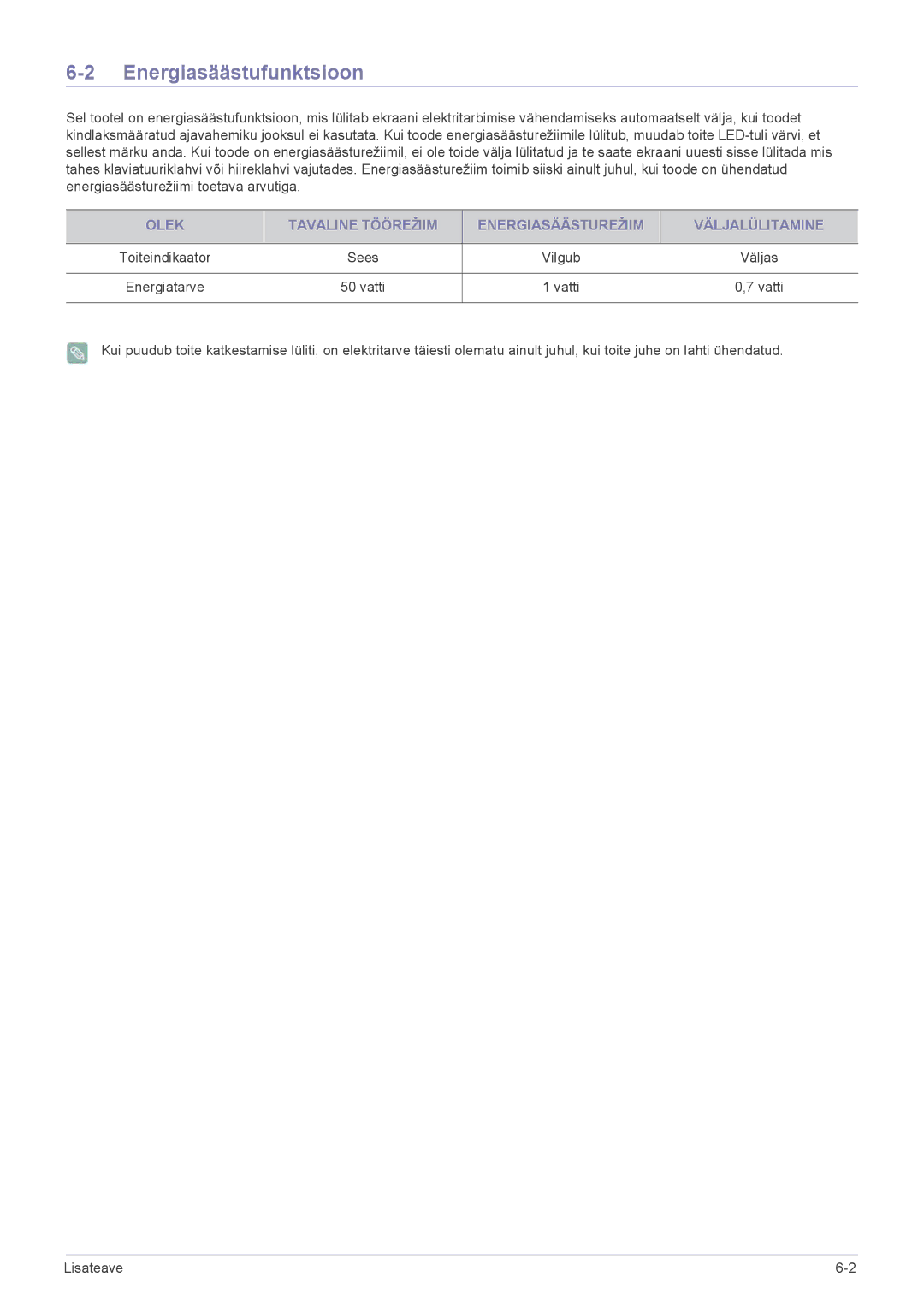 Samsung LS27EFHKUV/EN manual Energiasäästufunktsioon, Olek Tavaline Töörežiim Energiasäästurežiim Väljalülitamine 