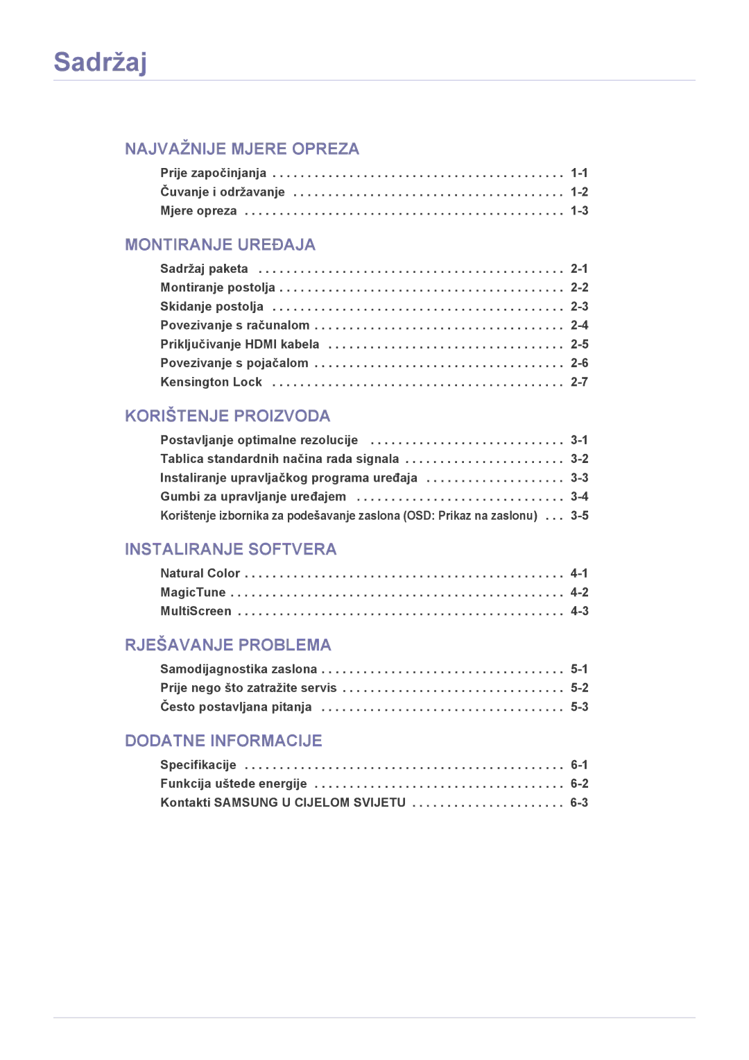 Samsung LS27EFHKUV/EN manual Sadržaj, Prije započinjanja -1 Čuvanje i održavanje -2 Mjere opreza 