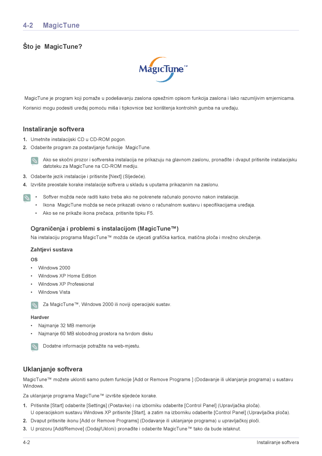 Samsung LS27EFHKUV/EN manual Što je MagicTune?, Instaliranje softvera, Uklanjanje softvera, Hardver 