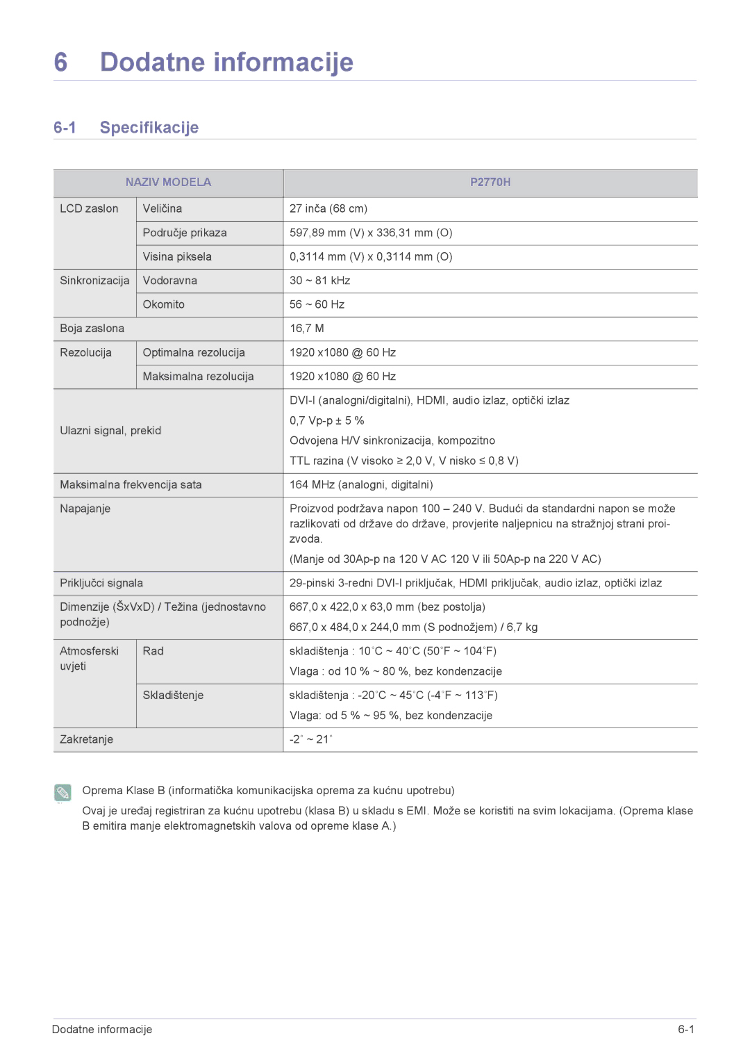 Samsung LS27EFHKUV/EN manual Dodatne informacije, Specifikacije, Naziv Modela 