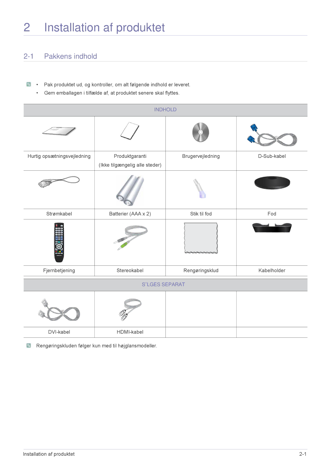 Samsung LS24EMDKU/XE, LS27EMDKU/XE manual Pakkens indhold, Indhold, Sælges Separat 